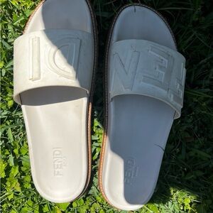 Fendi Cream Embossed Slides